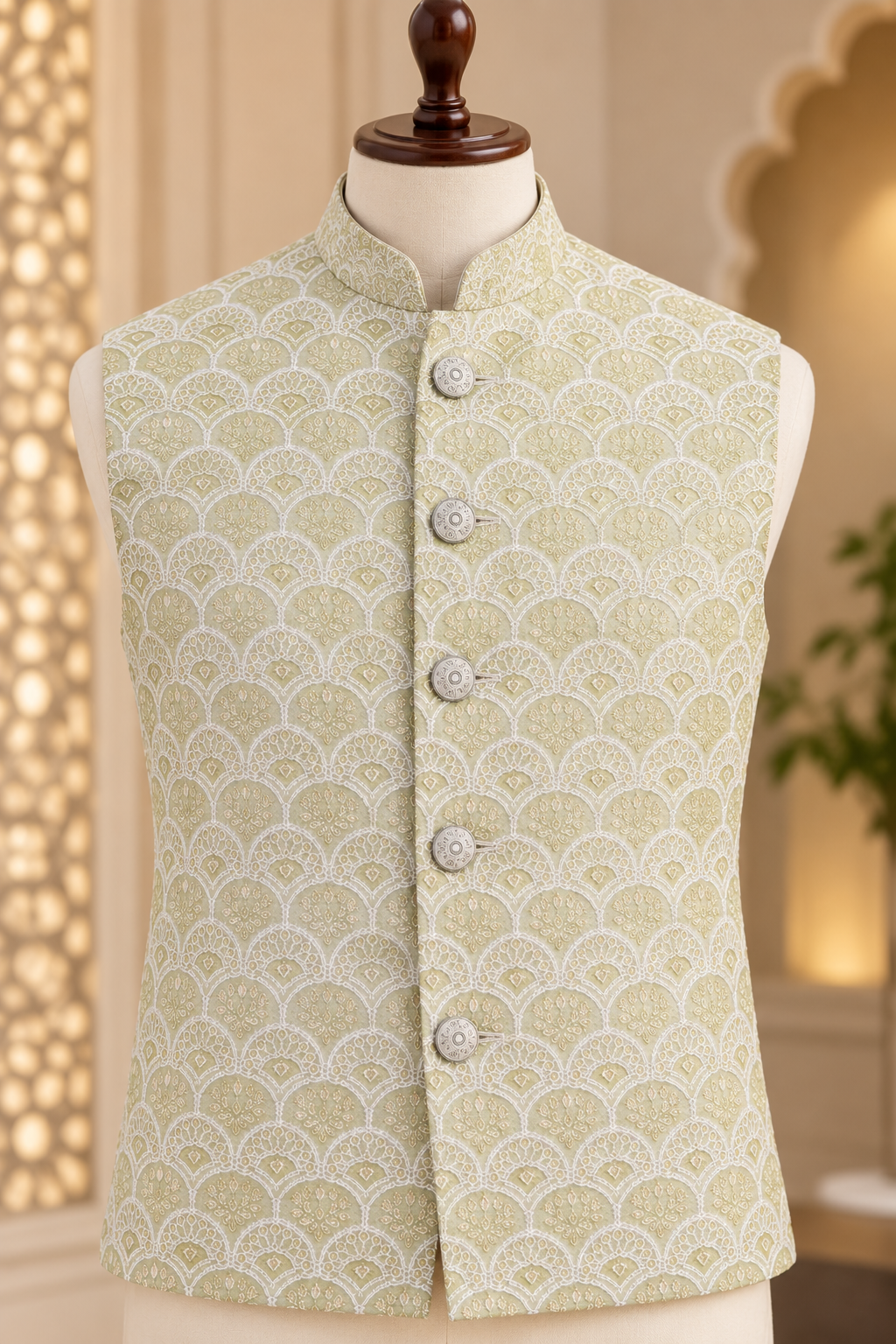 KPJ8003 Sage Green Embroidered Nehru Jacket