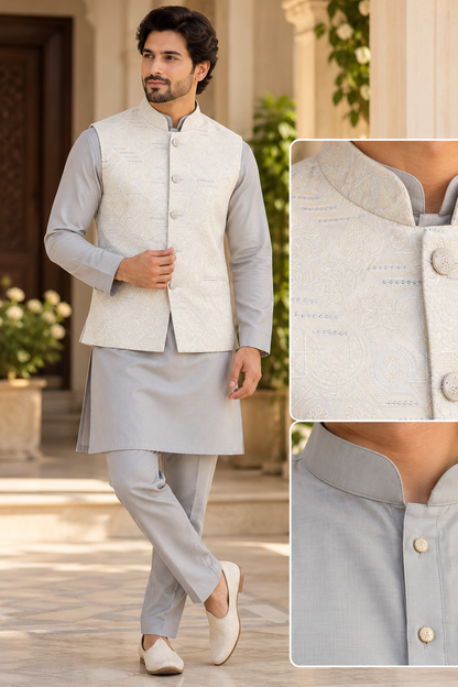 KPD7150 Ash Grey Kurta Pant Set with Off-White Jacquard Nehru Jacket