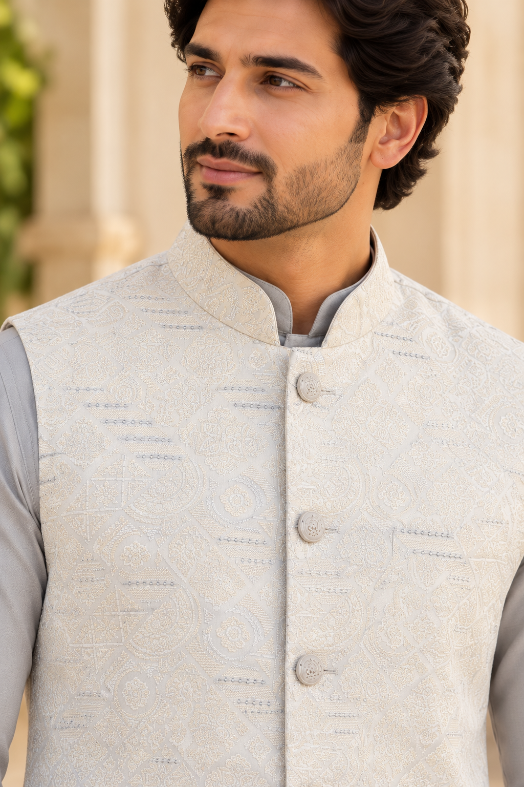 KPD7150 Ash Grey Kurta Pant Set with Off-White Jacquard Nehru Jacket