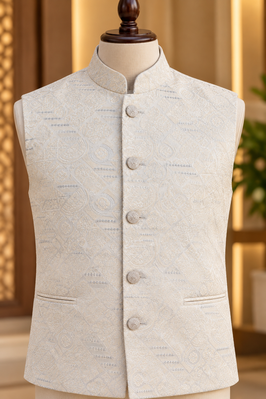 KPJ8002 Off-White Woven Jacquard Nehru Jacket