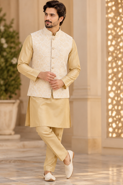 KPJ8001 Beige Cream Woven Jacquard Nehru Jacket