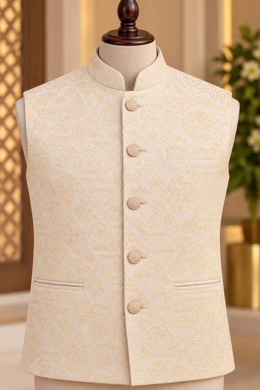 KPJ8001 Beige Cream Woven Jacquard Nehru Jacket