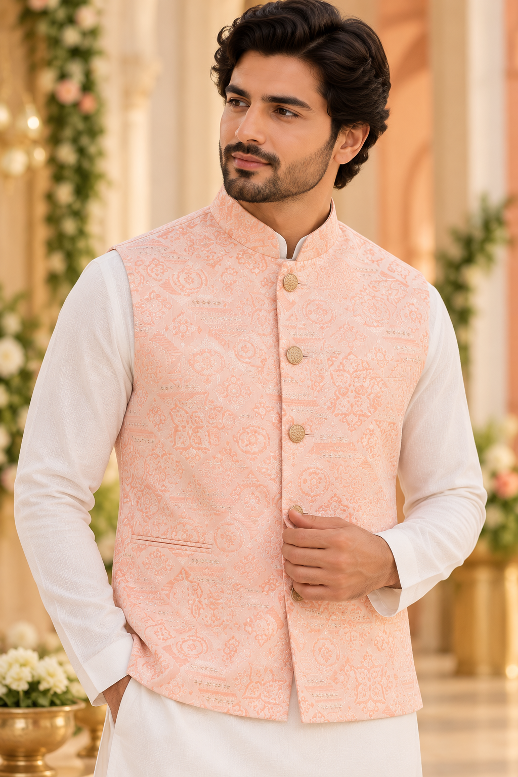 KPD7153 Pastel Peach Jacquard Nehru Jacket with White Kurta Pant Set