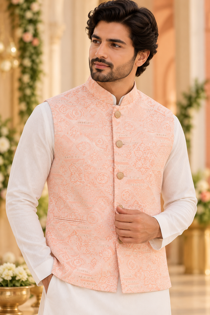 KPD7153 Pastel Peach Jacquard Nehru Jacket with White Kurta Pant Set
