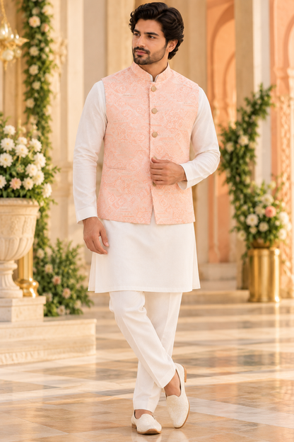 KPJ8005 Pastel Peach Woven Jacquard Nehru Jacket