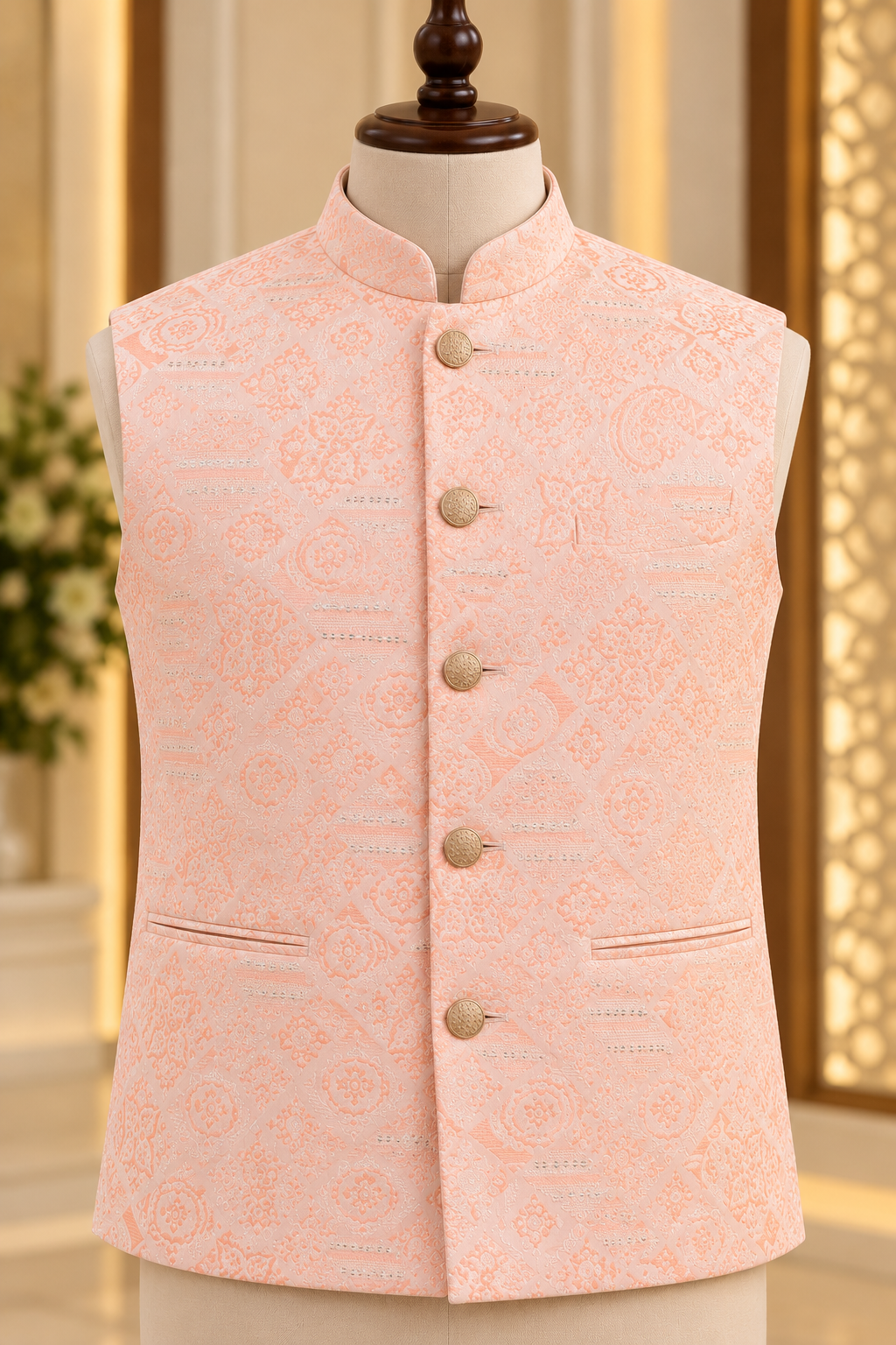 KPD7153 Pastel Peach Jacquard Nehru Jacket with White Kurta Pant Set