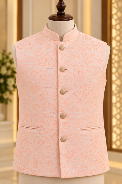 KPD7153 Pastel Peach Jacquard Nehru Jacket with White Kurta Pant Set
