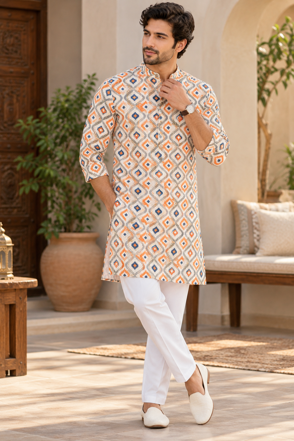 KPD6033 Off-White Geometric Ikat Printed Cotton Kurta with White Pyjama Set