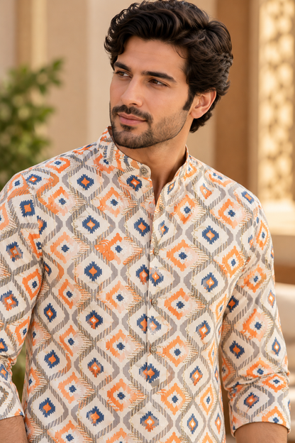 KPD6033 Off-White Geometric Ikat Printed Cotton Kurta with White Pyjama Set