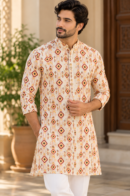 KPD6034 Cream Geometric Diamond Printed Cotton Kurta with White Pyjama Set