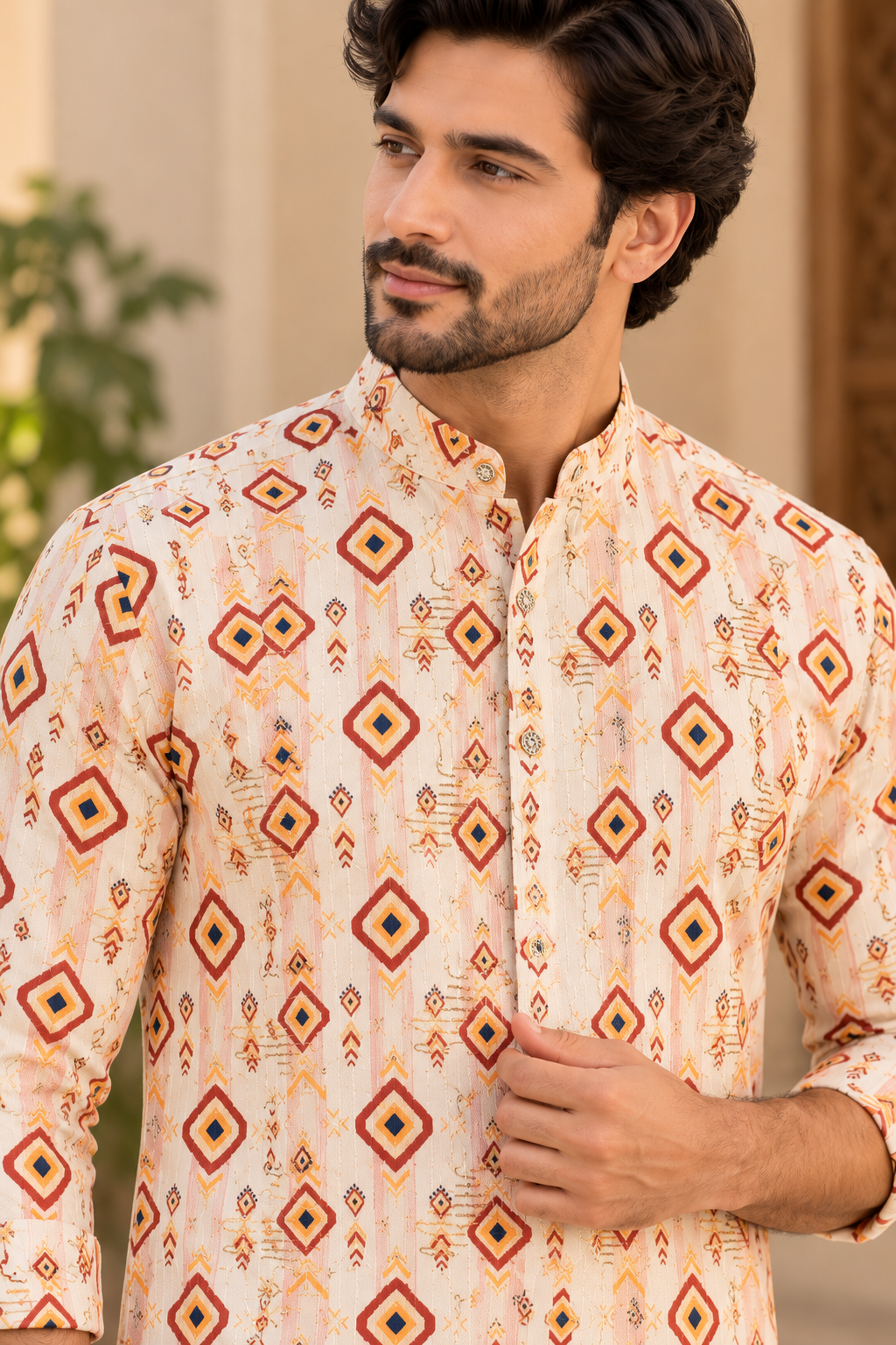 KPD6034 Cream Geometric Diamond Printed Cotton Kurta with White Pyjama Set