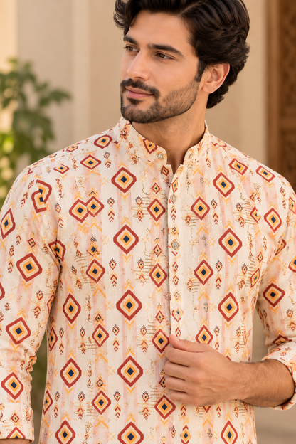 KPD6034 Cream Geometric Diamond Printed Cotton Kurta with White Pyjama Set