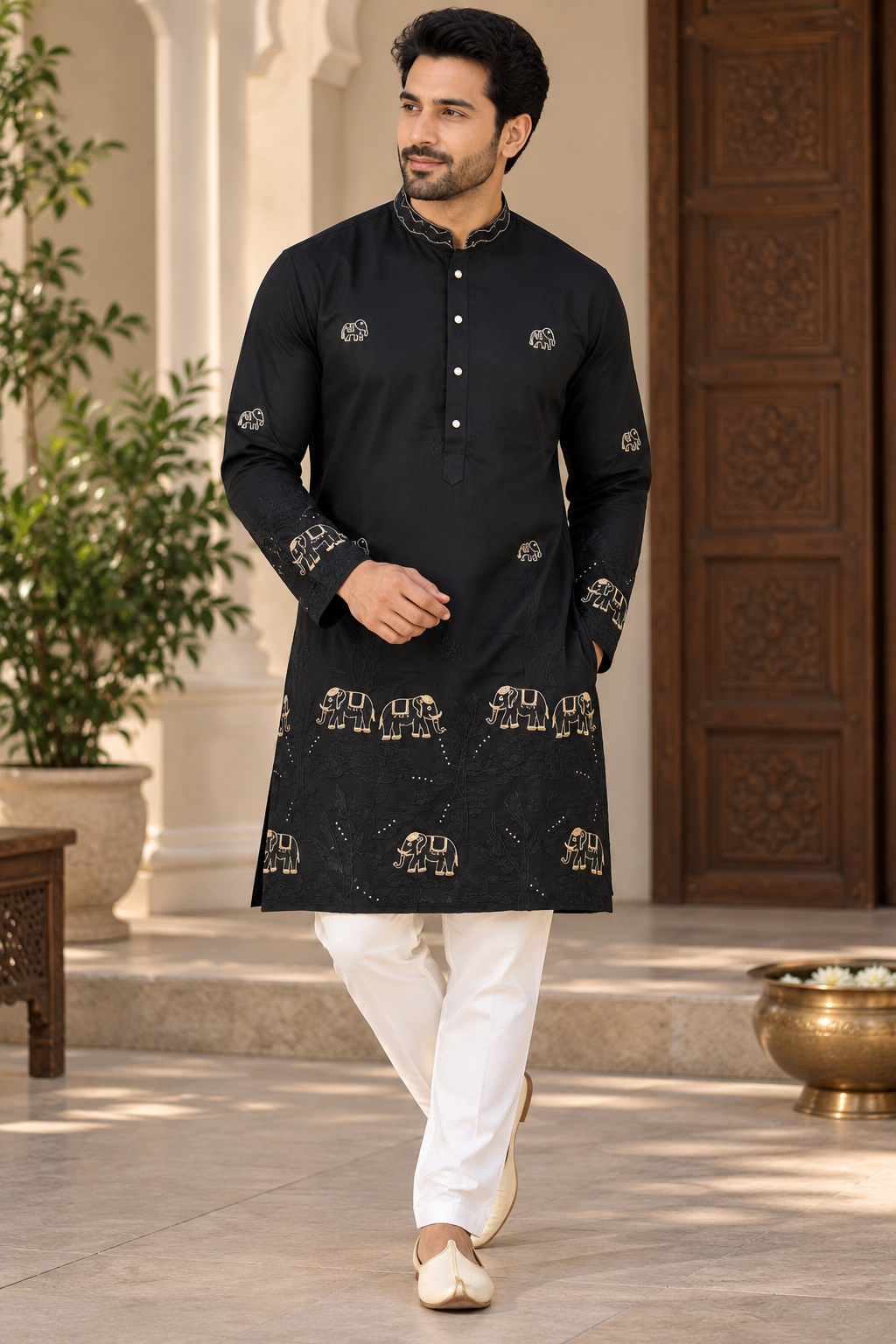 KPD6322 Black Elephant Embroidered Kurta for Men