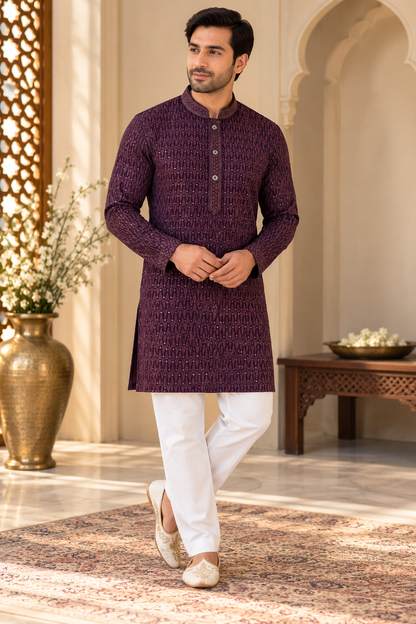 KPD6035 Wine Embroidered Chikankari Kurta with White Pyjama Set