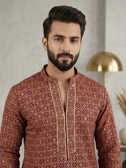 KPD6037 Rust Maroon Geometric Printed Kurta & White Pyjama Set