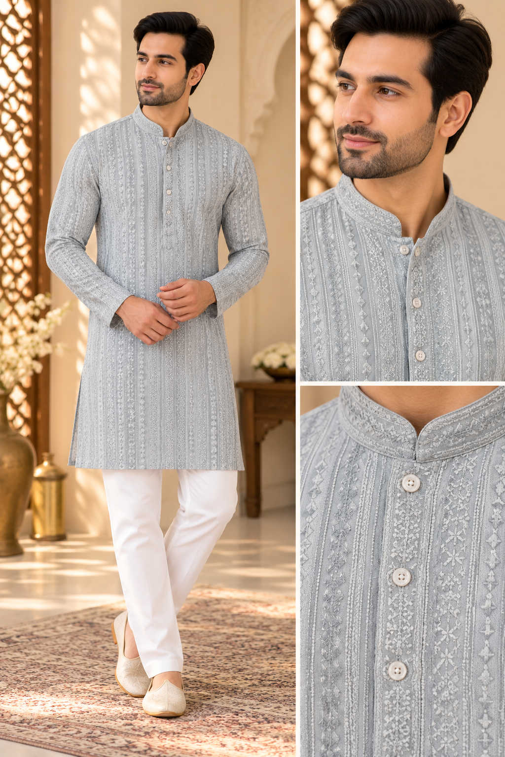 KPD6038 Powder Blue Embroidered Chikankari Kurta with White Pyjama Set