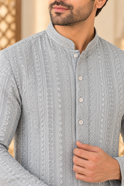 KPD6038 Powder Blue Embroidered Chikankari Kurta with White Pyjama Set