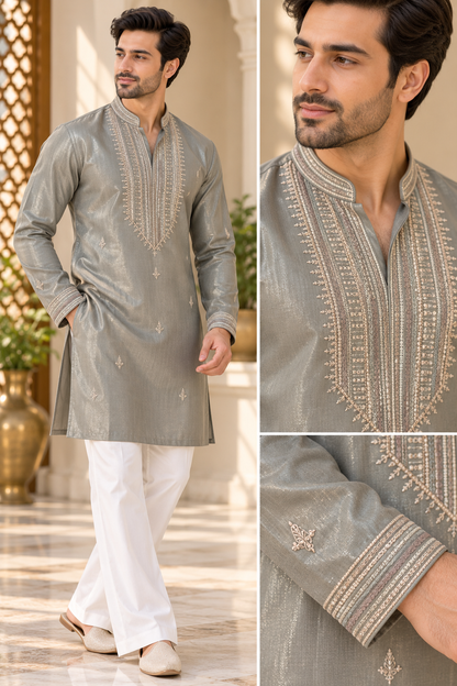 KPD6039 Metallic Sage Slate Embroidered Kurta with White Bell Bottom Pant Set