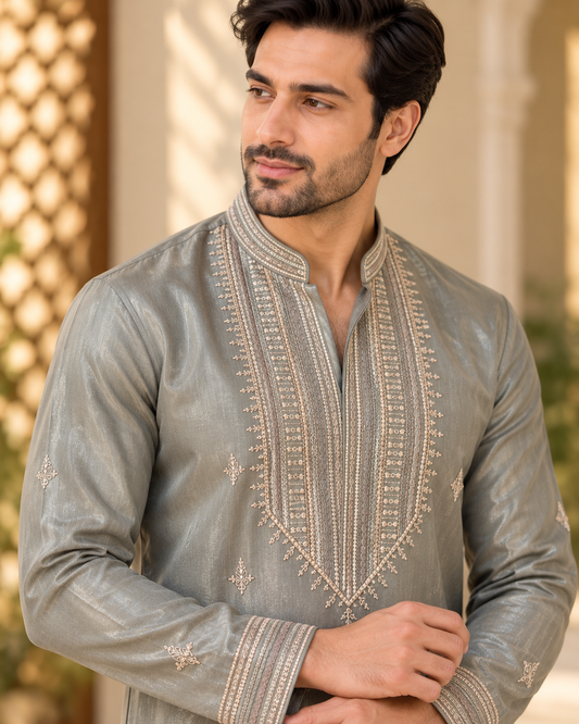 KPD6039 Metallic Sage Slate Embroidered Kurta with White Bell Bottom Pant Set