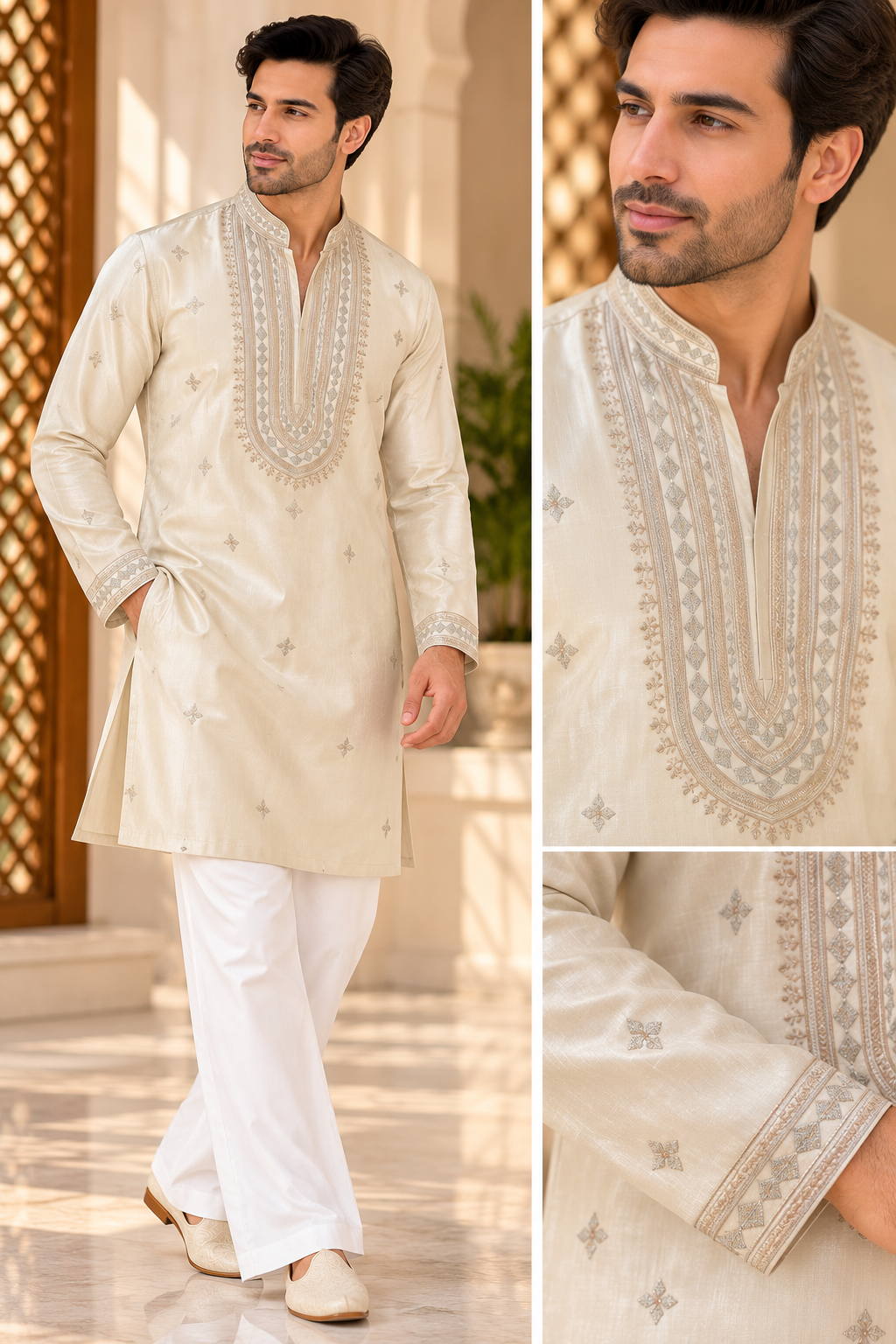 KPD6040 Ivory Embroidered Kurta with White Bell Bottom Pant Set