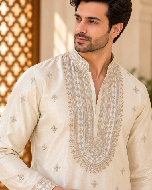 KPD6040 Ivory Embroidered Kurta with White Bell Bottom Pant Set