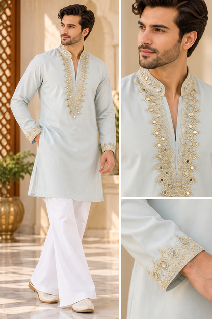 KPD6043 Pastel Mint Grey Mirror Work Kurta with White Bell Bottom Pant Set