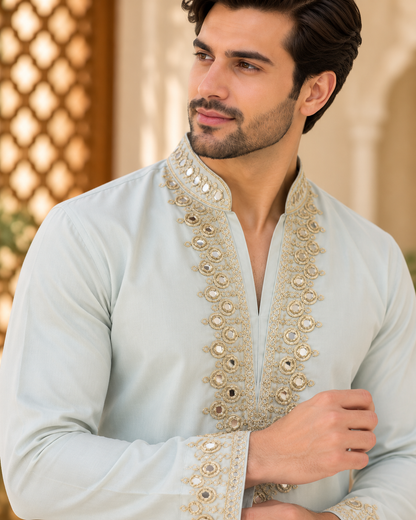 KPD6043 Pastel Mint Grey Mirror Work Kurta with White Bell Bottom Pant Set