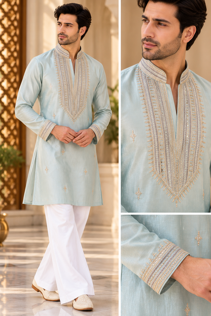 KPD6042 Metallic Ice Blue Embroidered Kurta with White Bell Bottom Pant Set