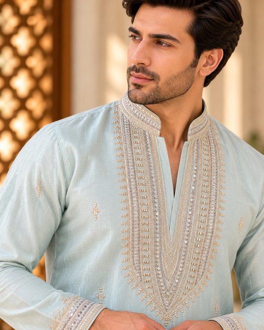 KPD6042 Metallic Ice Blue Embroidered Kurta with White Bell Bottom Pant Set