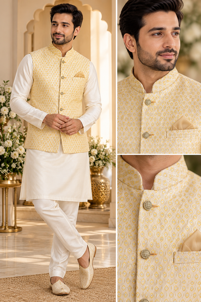KPJ8006 Lemon Yellow Jacquard Nehru Jacket
