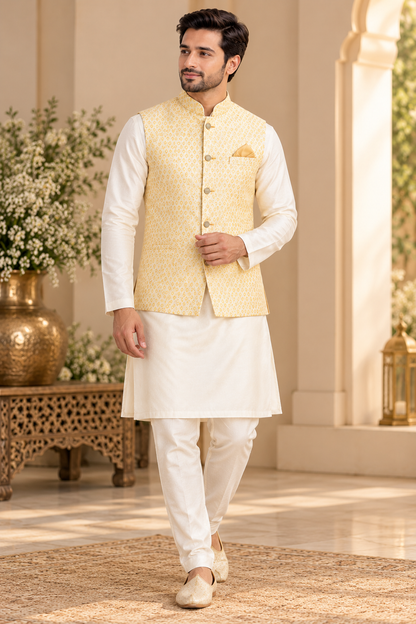 KPJ8006 Lemon Yellow Jacquard Nehru Jacket