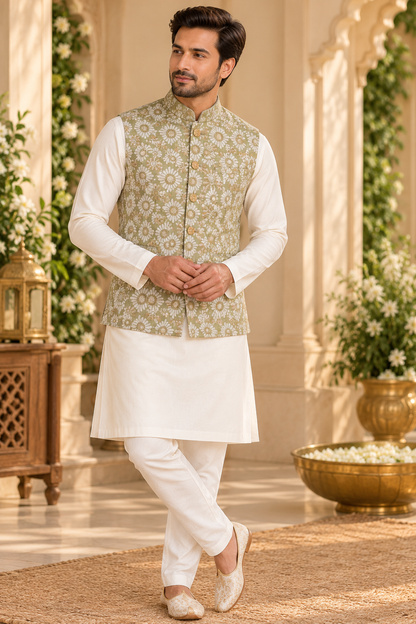 KPJ8007 Sage Floral Jacquard Nehru Jacket