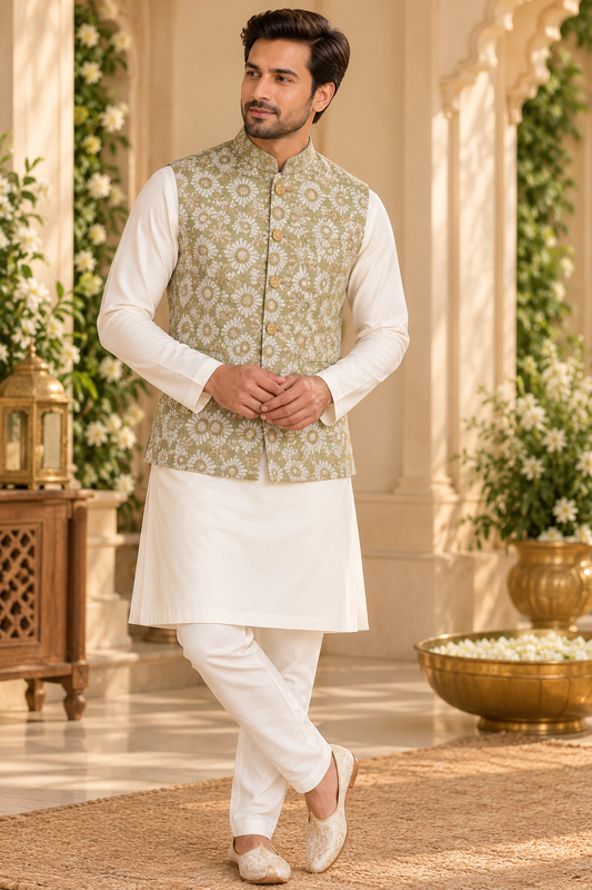 KPD7155 Sage Floral Jacquard Jacket with Off-White Kurta Pyjama Set