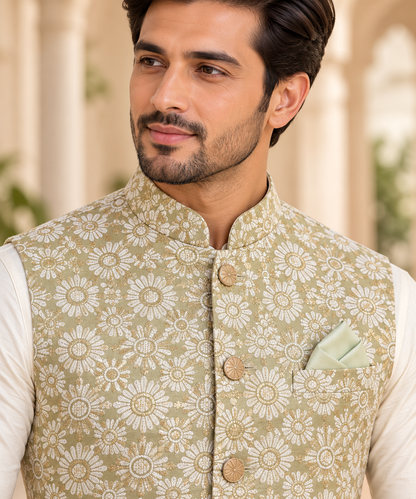 KPD7155 Sage Floral Jacquard Jacket with Off-White Kurta Pyjama Set