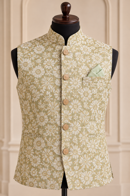 KPJ8007 Sage Floral Jacquard Nehru Jacket