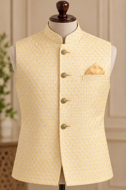 KPJ8006 Lemon Yellow Jacquard Nehru Jacket