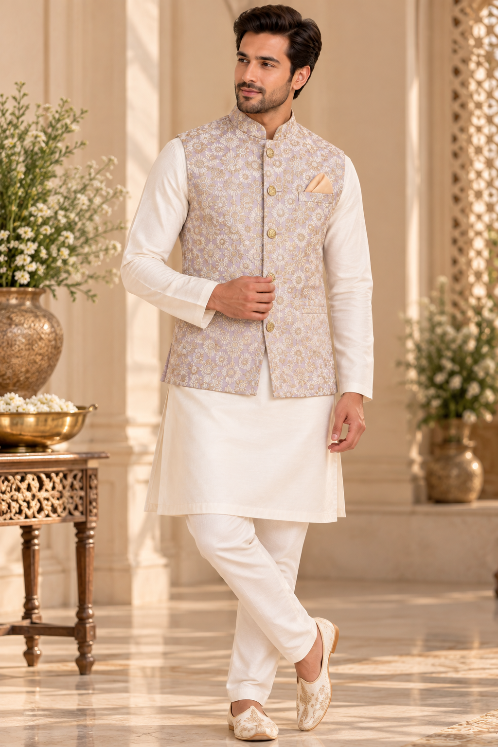 KPJ8008 Lavender Floral Jacquard Nehru Jacket