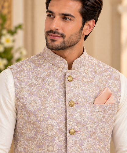 KPJ8008 Lavender Floral Jacquard Nehru Jacket