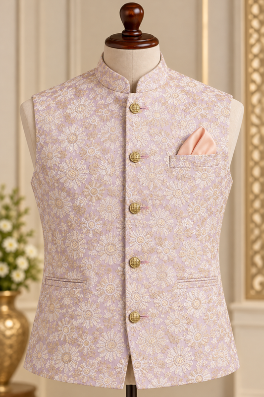 KPJ8008 Lavender Floral Jacquard Nehru Jacket