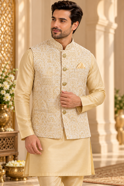 KPJ8009 Gold Mosaic Jacquard Nehru Jacket