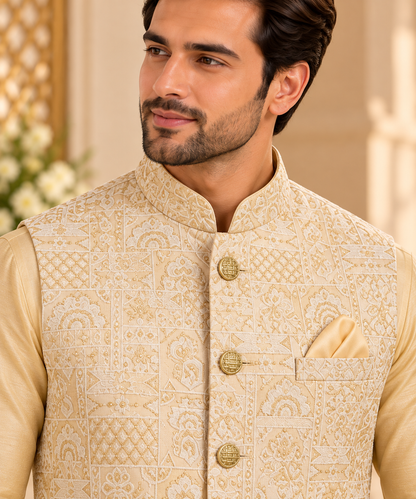 KPJ8009 Gold Mosaic Jacquard Nehru Jacket