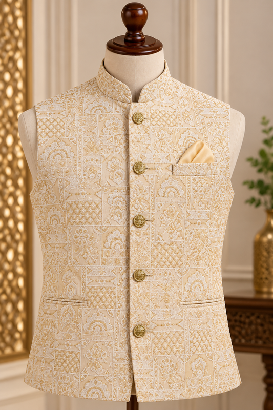 KPJ8009 Gold Mosaic Jacquard Nehru Jacket