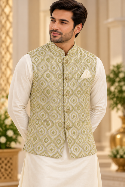 KPJ8010 Olive Green & Gold Designer Nehru Jacket