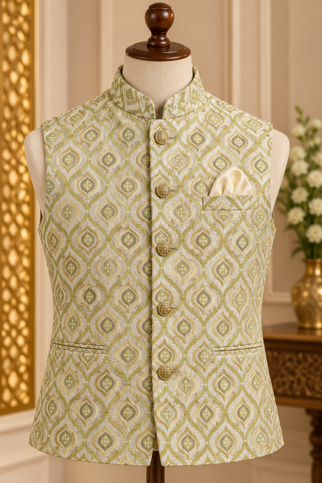 KPJ8010 Olive Green & Gold Designer Nehru Jacket