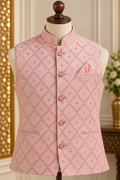 KPD7123 Blush Pink Sequins Nehru Jacket with Kurta Pant Set