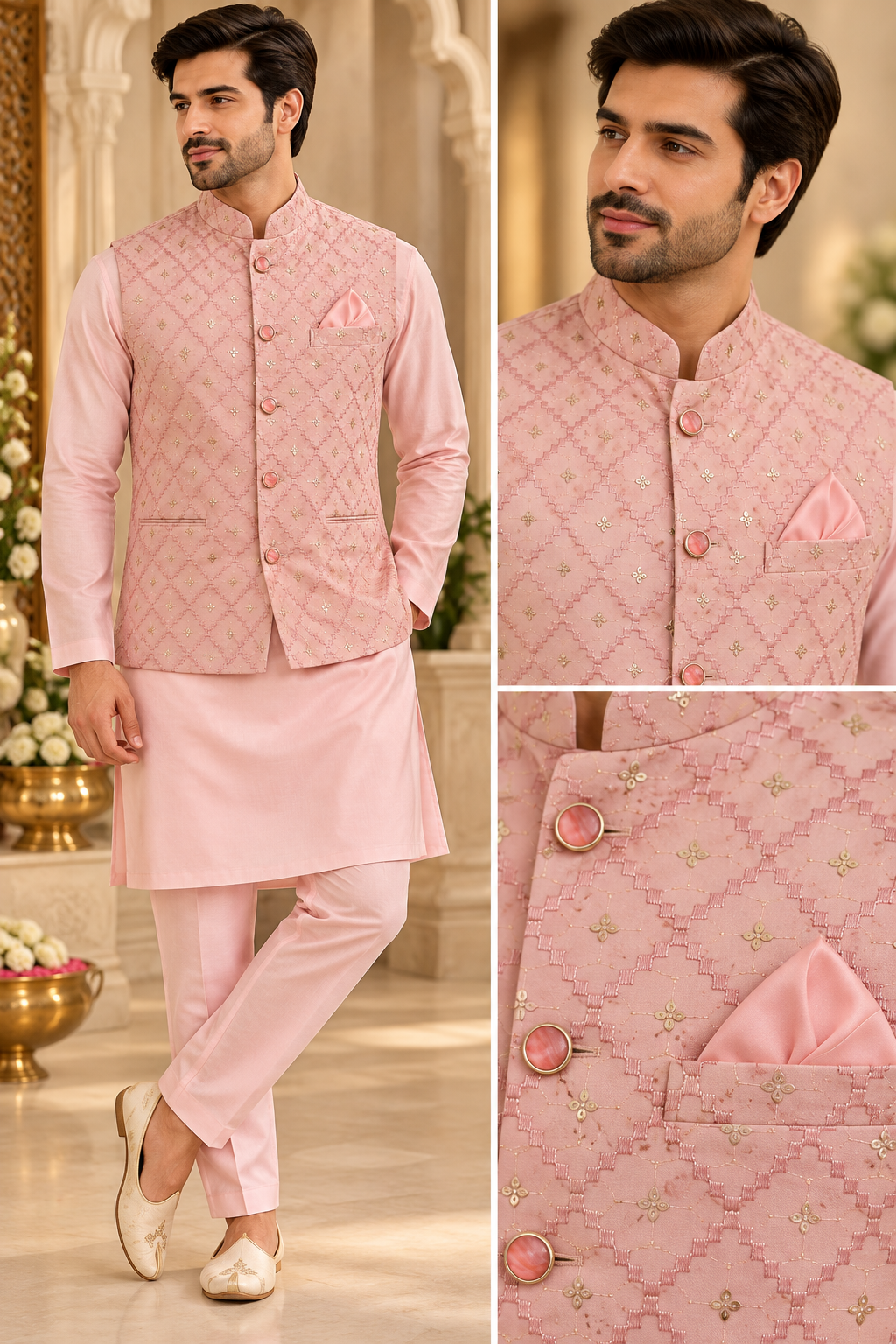 KPD7123 Blush Pink Sequins Nehru Jacket with Kurta Pant Set