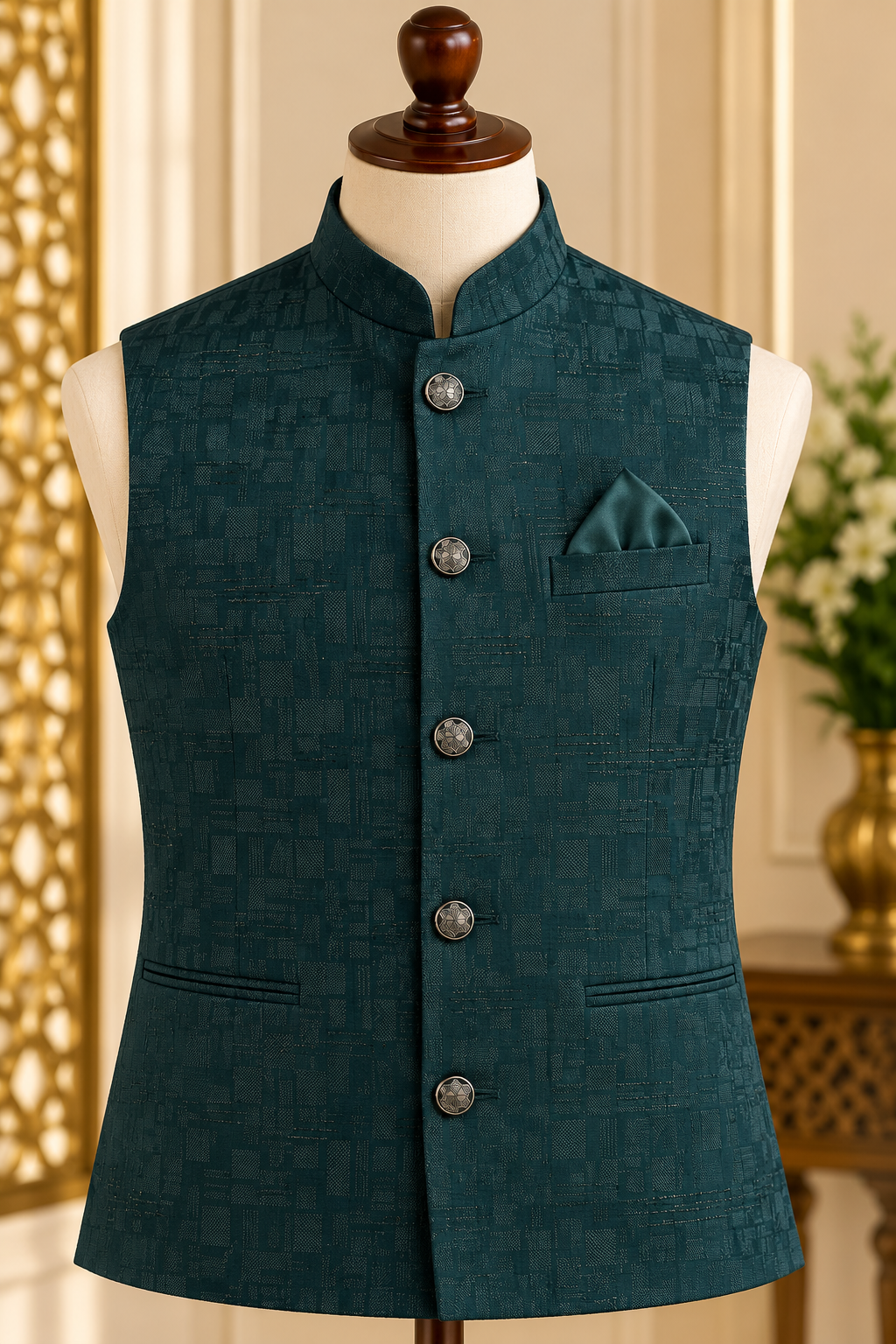 KPD7159 Dark Green Jacquard Jacket with Matching Kurta Pyjama Set