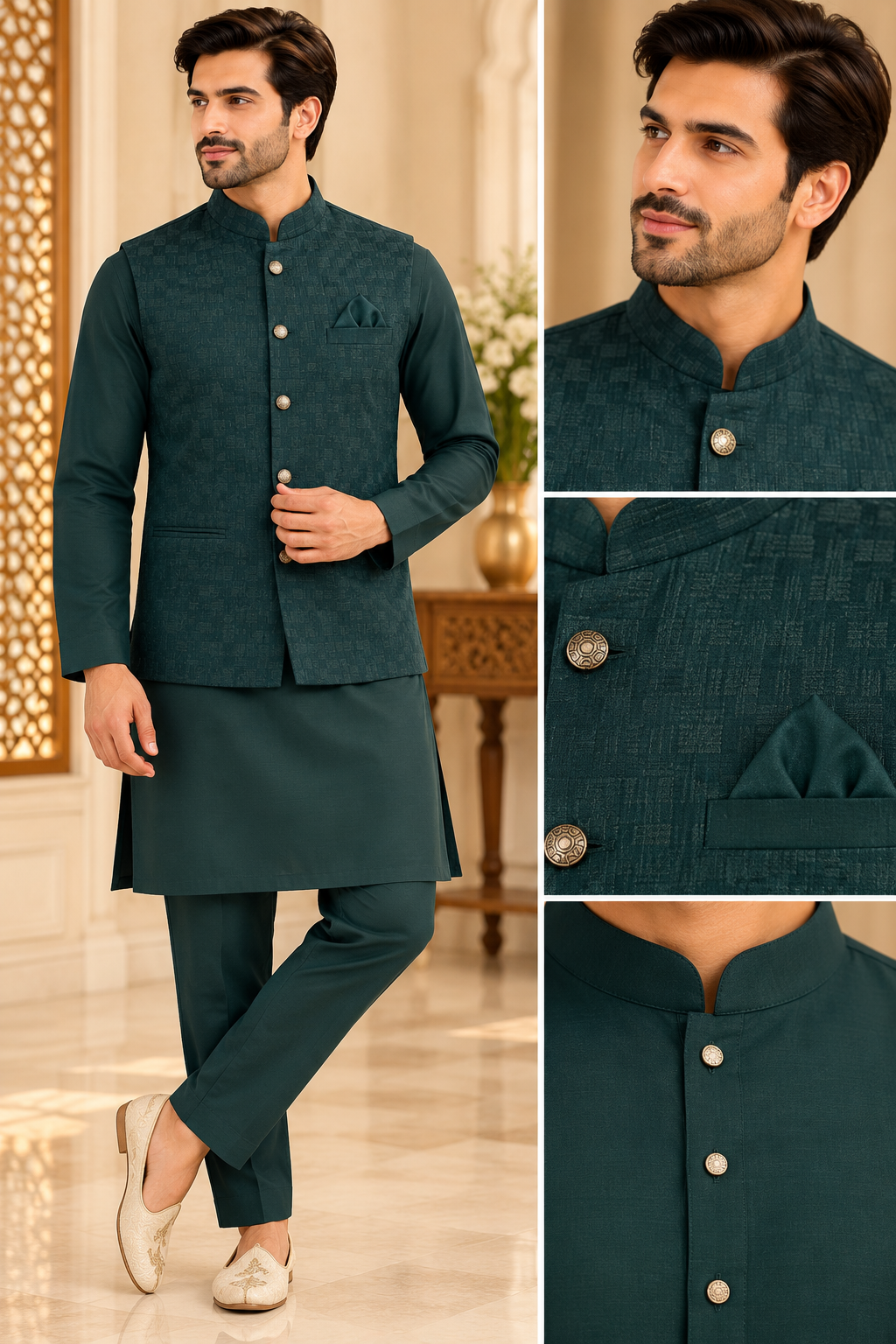 KPJ8011 Dark Green Textured Grid Jacquard Nehru Jacket