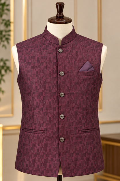 KPJ8012 Burgundy Textured Jacquard Nehru Jacket