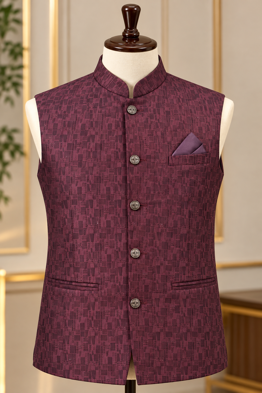 KPJ5003 Plus Size Burgundy Textured Jacquard Nehru Jacket
